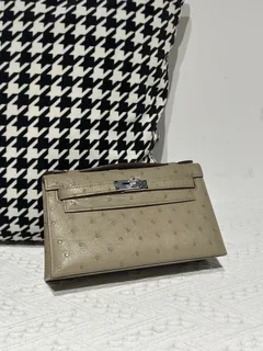 Ostrich Leather Taupe Gray Silver Hardware Series I Flap Shoulder Bag WOB113 image 1