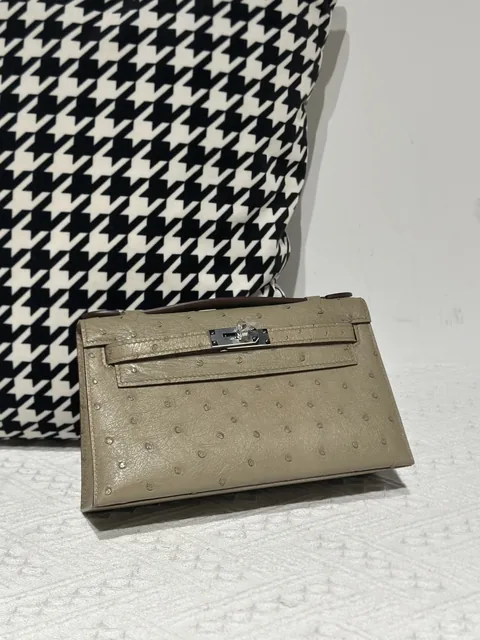 Ostrich Leather Taupe Gray Silver Hardware Series I Flap Shoulder Bag WOB113