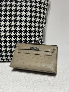 Ostrich Leather Taupe Gray Silver Hardware Series I Flap Shoulder Bag WOB113 image 2
