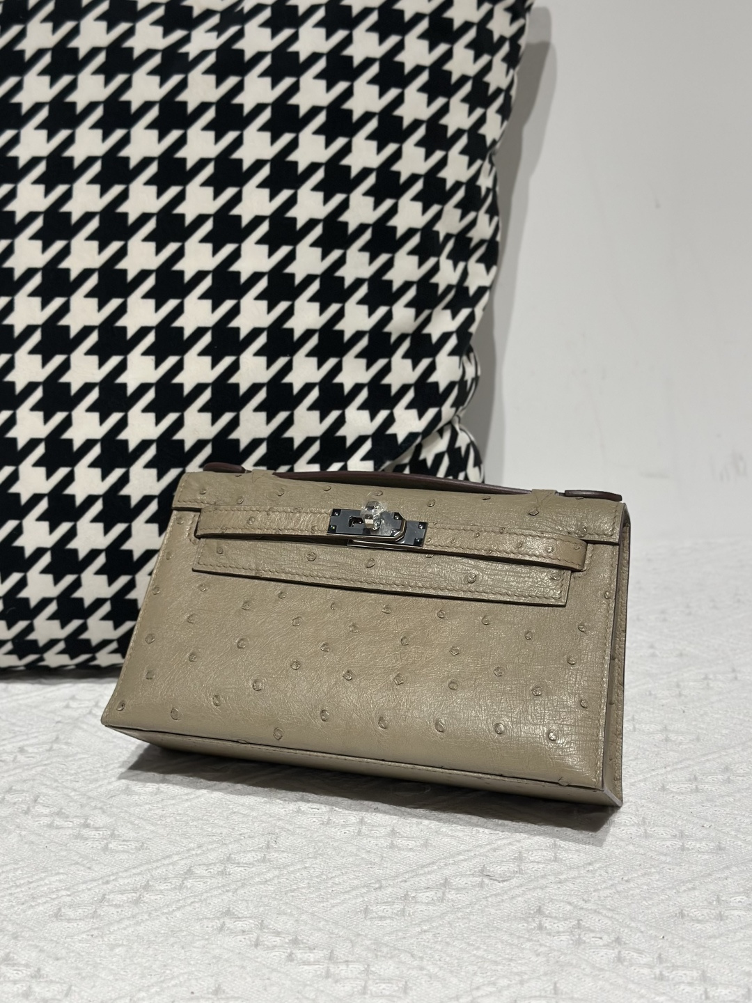 Ostrich Leather Taupe Gray Silver Hardware Series I Flap Shoulder Bag WOB113 image 2
