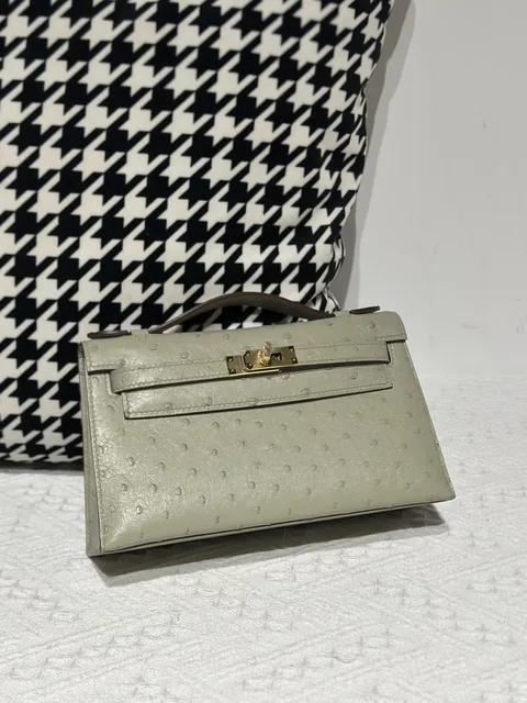 Ostrich Leather Sage Green Gold Hardware Series I Flap Shoulder Bag WOB114