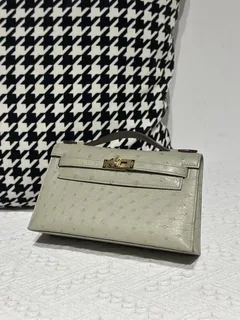 Ostrich Leather Sage Green Gold Hardware Series I Flap Shoulder Bag WOB114 image 2