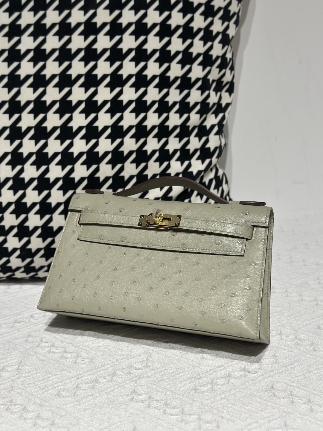 Ostrich Leather Sage Green Gold Hardware Series I Flap Shoulder Bag WOB114 image 2