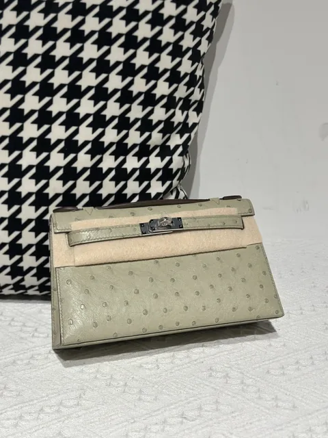 Ostrich Leather Sage Green Silver Hardware Series I Flap Shoulder Bag WOB115