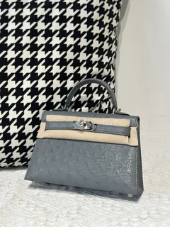 Ostrich Leather Denim Blue Silver Hardware Series II Top Handle Bag WOB117 image 2