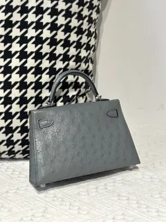 Ostrich Leather Denim Blue Silver Hardware Series II Top Handle Bag WOB117 image 3