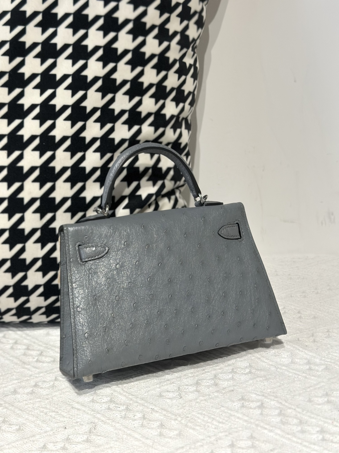 Ostrich Leather Denim Blue Silver Hardware Series II Top Handle Bag WOB117 image 3