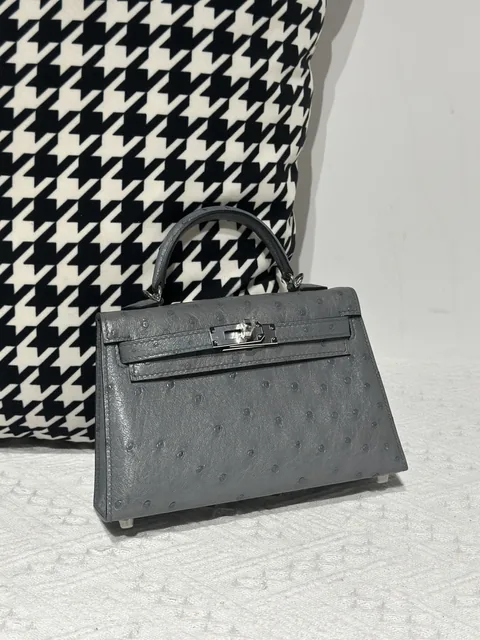 Ostrich Leather Gray Silver Hardware Series II Top Handle Bag WOB118
