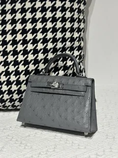 Ostrich Leather Gray Silver Hardware Series II Top Handle Bag WOB118 image 2