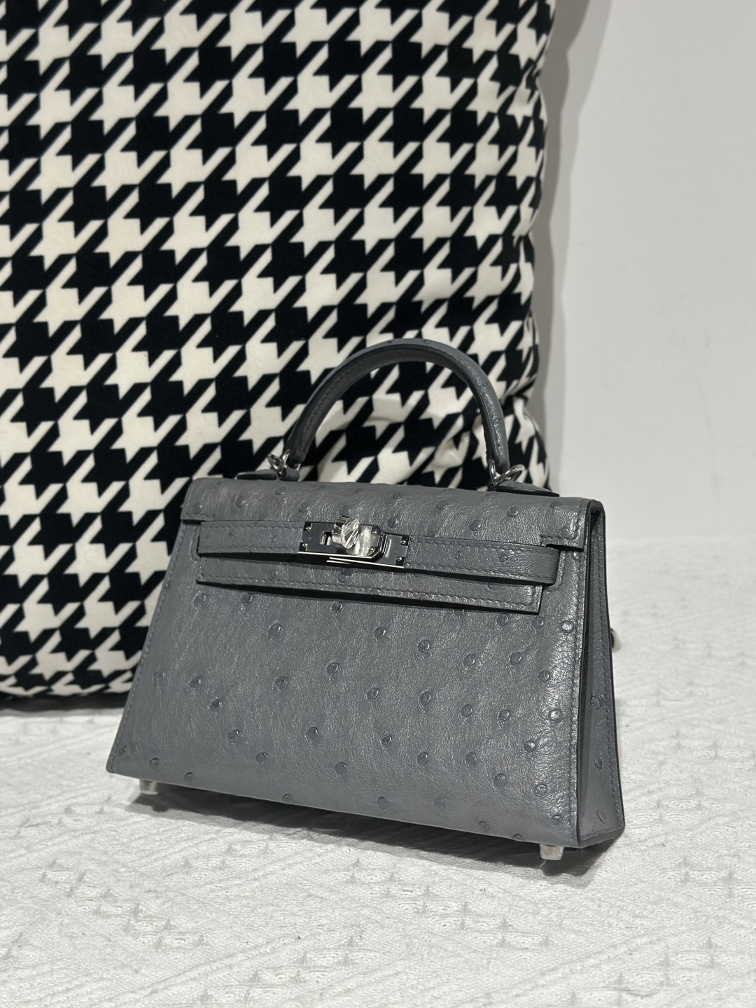 Ostrich Leather Gray Silver Hardware Series II Top Handle Bag WOB118 photo 2
