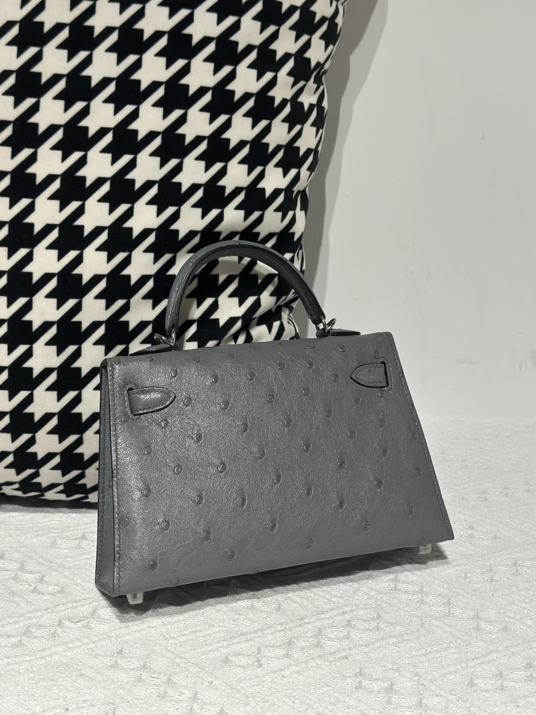 Ostrich Leather Gray Silver Hardware Series II Top Handle Bag WOB118 photo 3