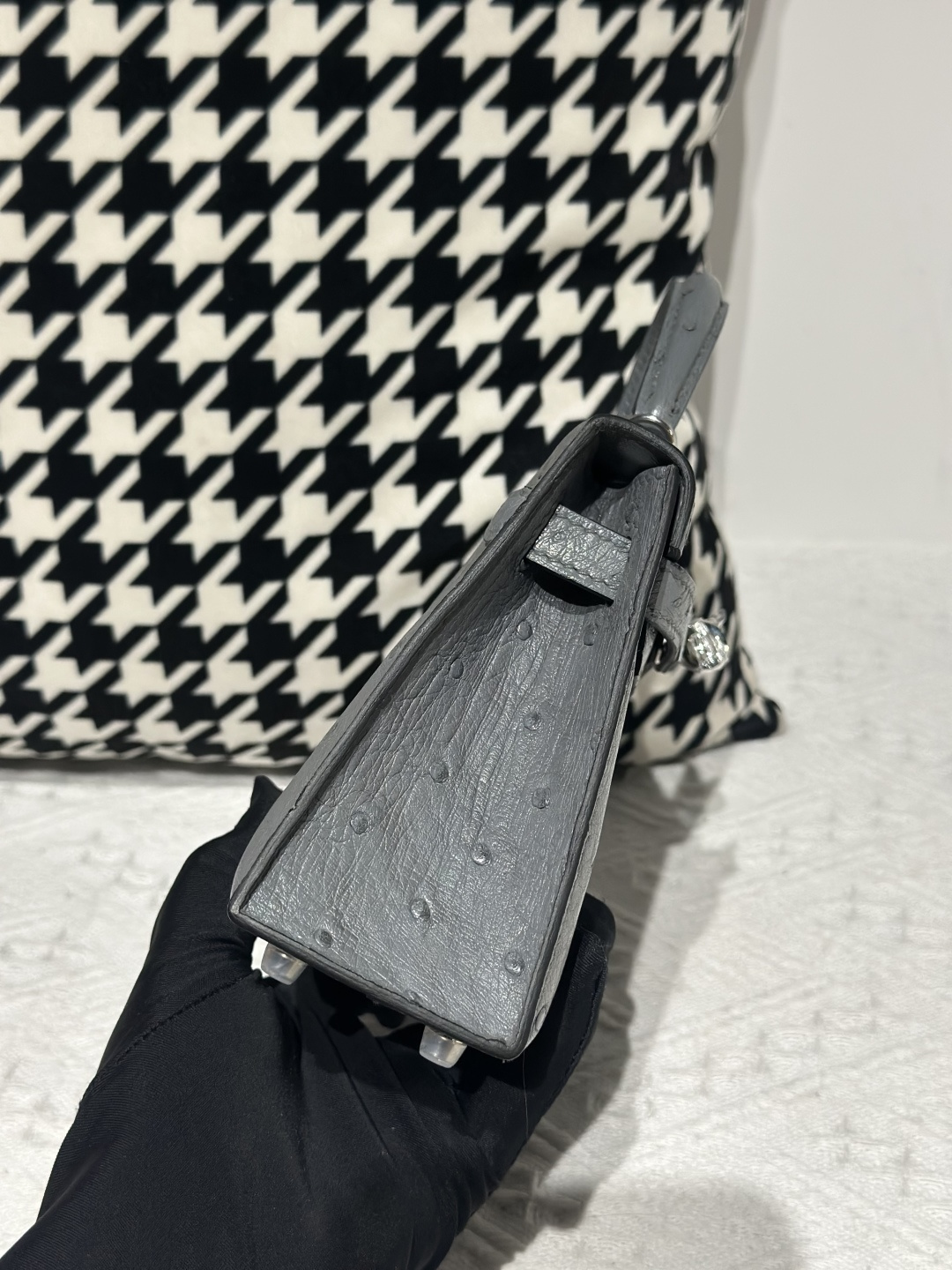 Ostrich Leather Gray Silver Hardware Series II Top Handle Bag WOB118 photo 5