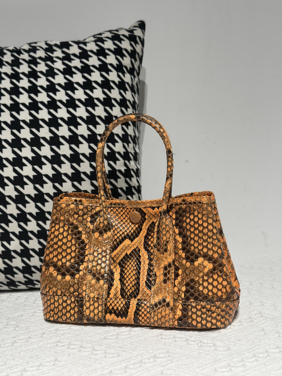 Python Leather Orange 23cm Natural Pattern Silver Hardware Garden Tote Bag WPB006