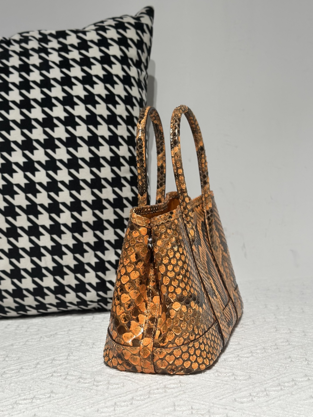 Python Leather Orange 23cm Natural Pattern Silver Hardware Garden Tote Bag WPB006 photo 5
