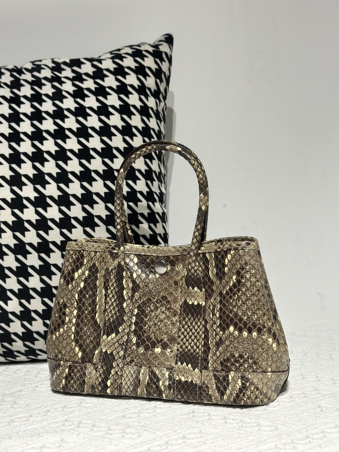 Python Leather Cream 23cm Natural Pattern Silver Hardware Garden Tote Bag WPB007