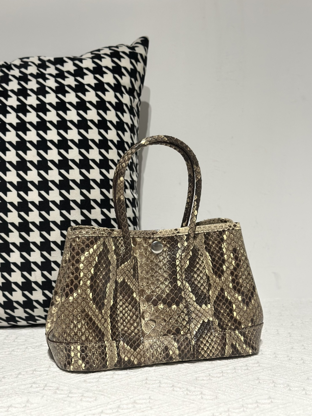 Python Leather Cream 23cm Natural Pattern Silver Hardware Garden Tote Bag WPB007 photo 2
