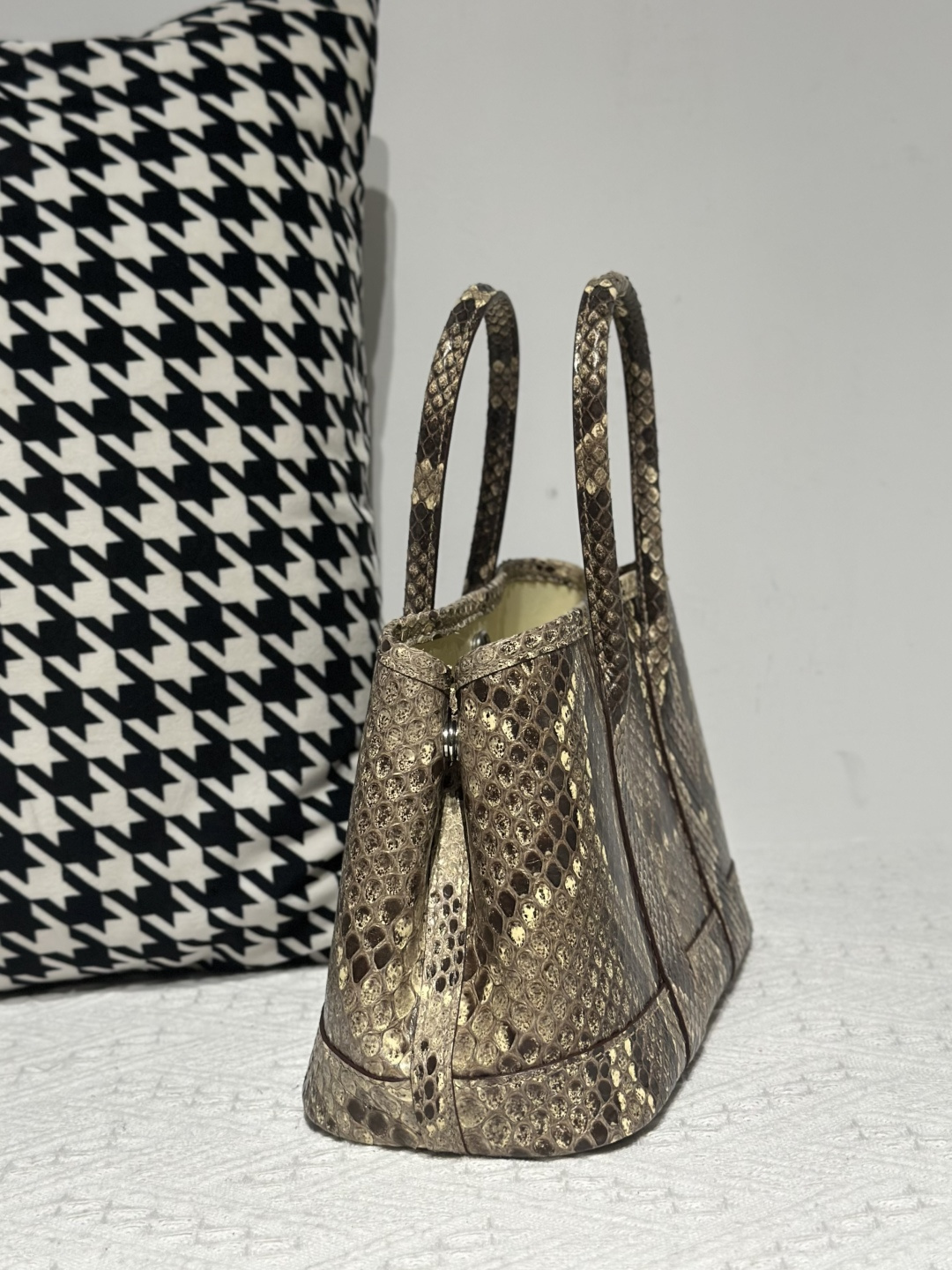 Python Leather Cream 23cm Natural Pattern Silver Hardware Garden Tote Bag WPB007 photo 4