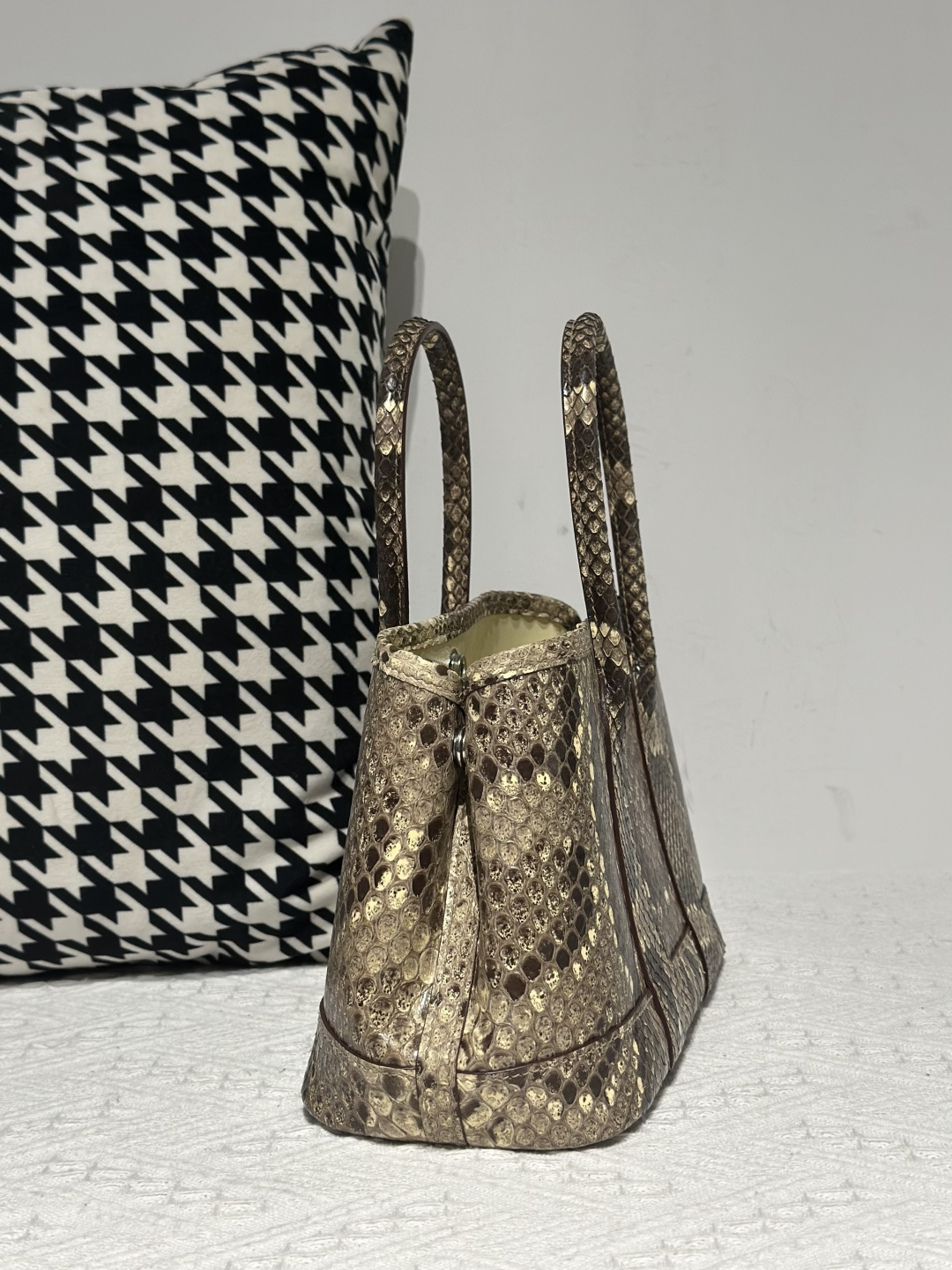 Python Leather Cream 23cm Natural Pattern Silver Hardware Garden Tote Bag WPB007 photo 5