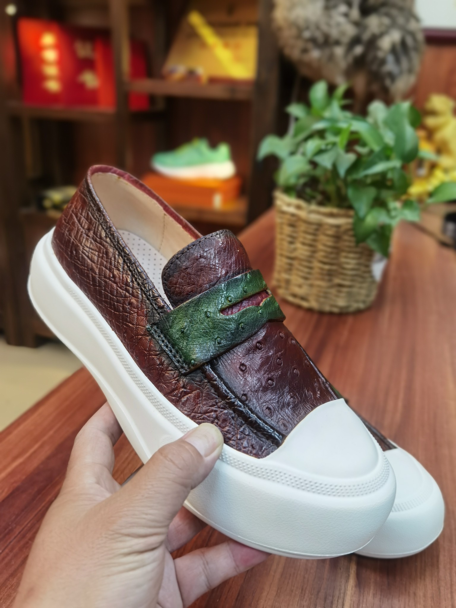 Ostrich Leather Lightweight Washed Breathable Slip-On Sneakers FOB001 photo 6