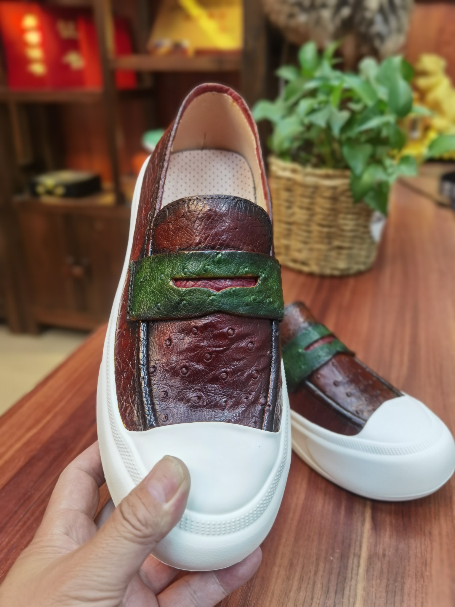 Ostrich Leather Lightweight Washed Breathable Slip-On Sneakers FOB001 photo 7