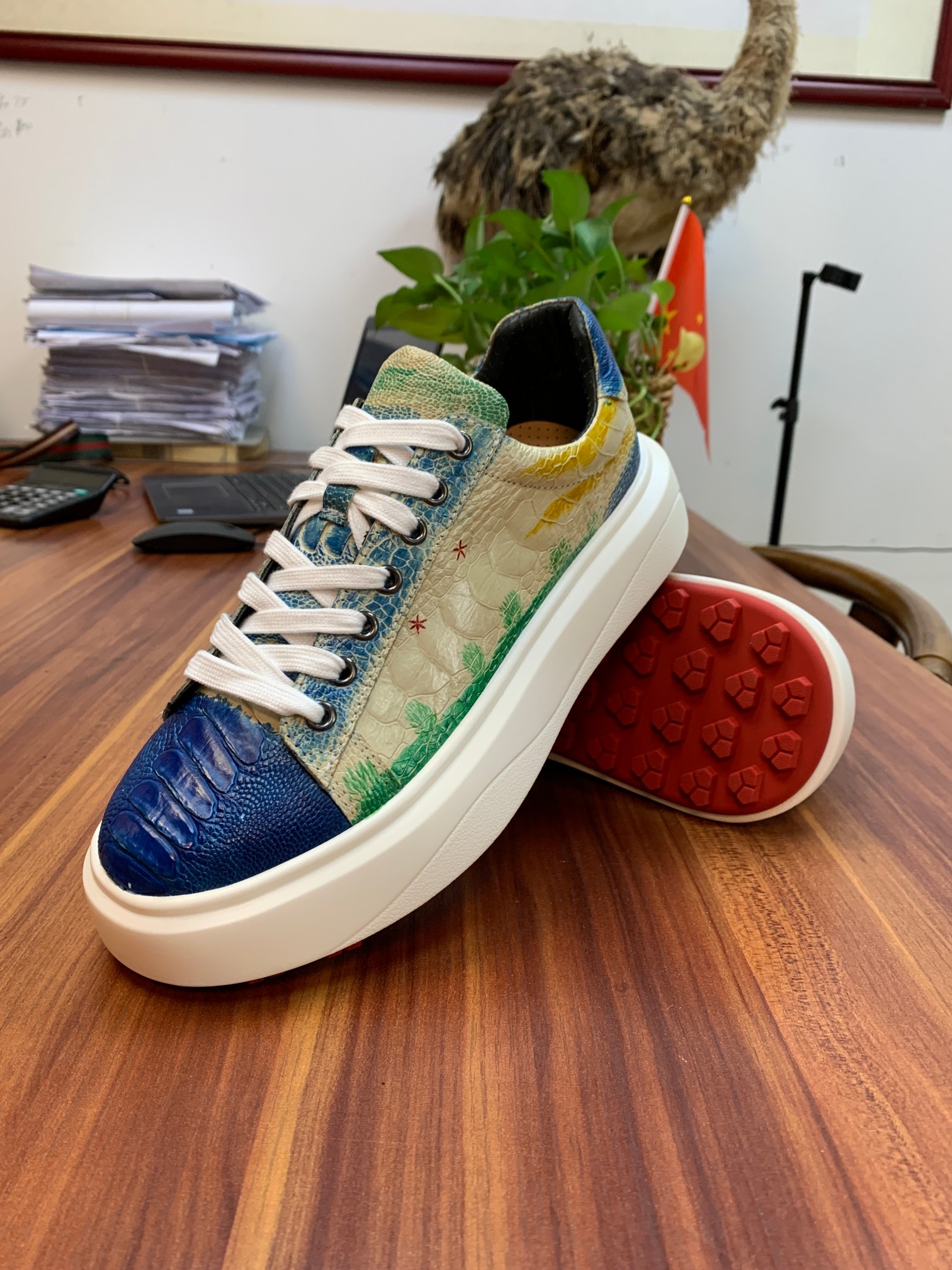 Ostrich Leg Leather Graffiti Handmade Shoes FOS005 photo 3