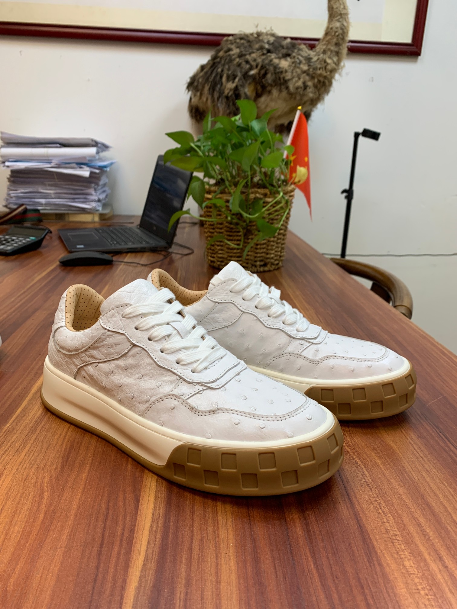Ostrich Leather White Studded Platform Sneakers FOS006 photo 2