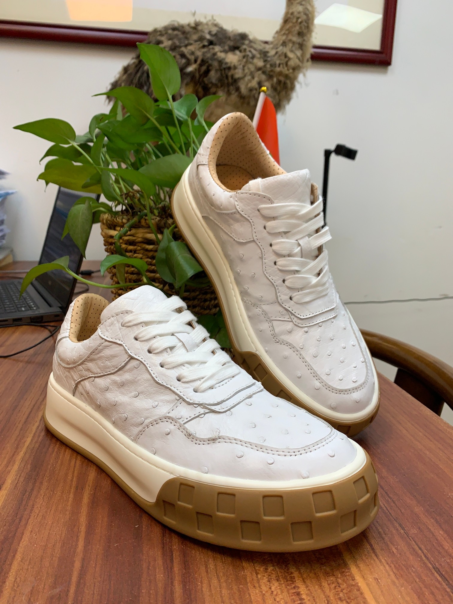 Ostrich Leather White Studded Platform Sneakers FOS006 photo 3