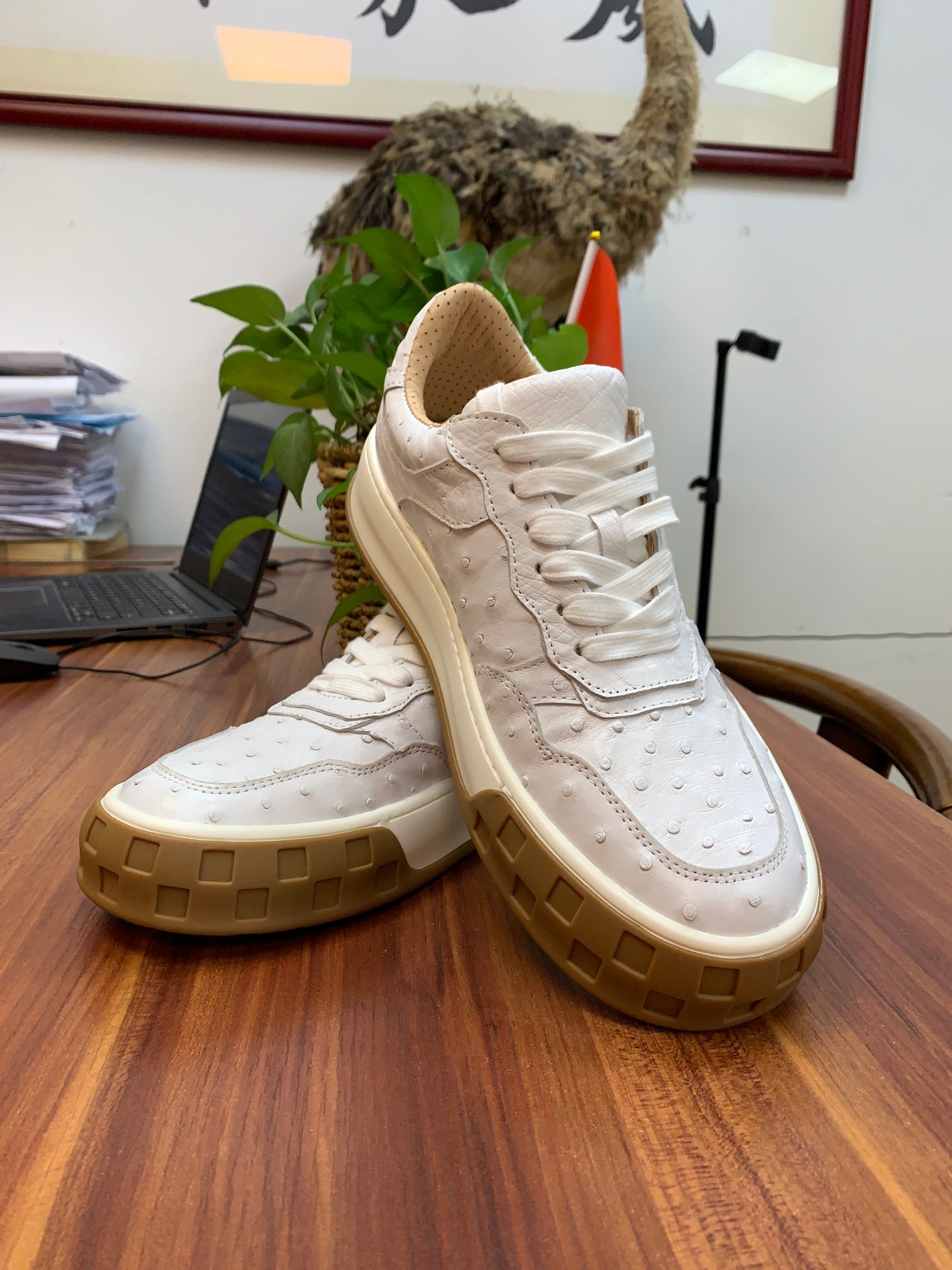 Ostrich Leather White Studded Platform Sneakers FOS006 photo 4