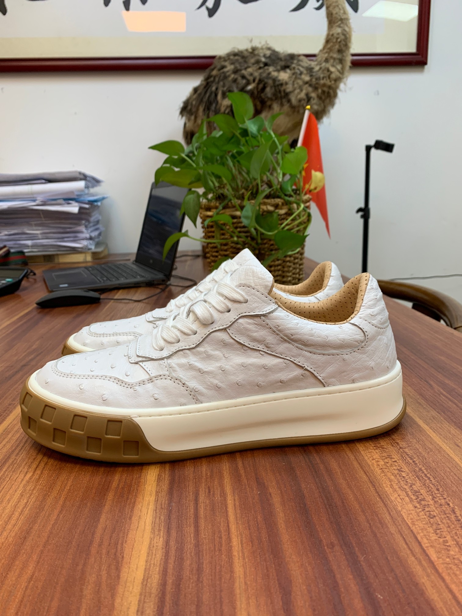 Ostrich Leather White Studded Platform Sneakers FOS006 photo 5