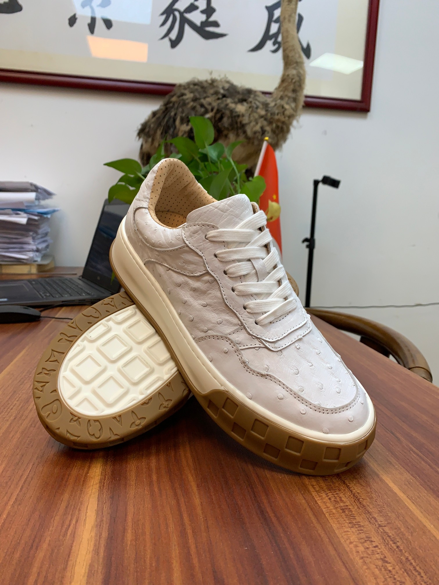Ostrich Leather White Studded Platform Sneakers FOS006 photo 6