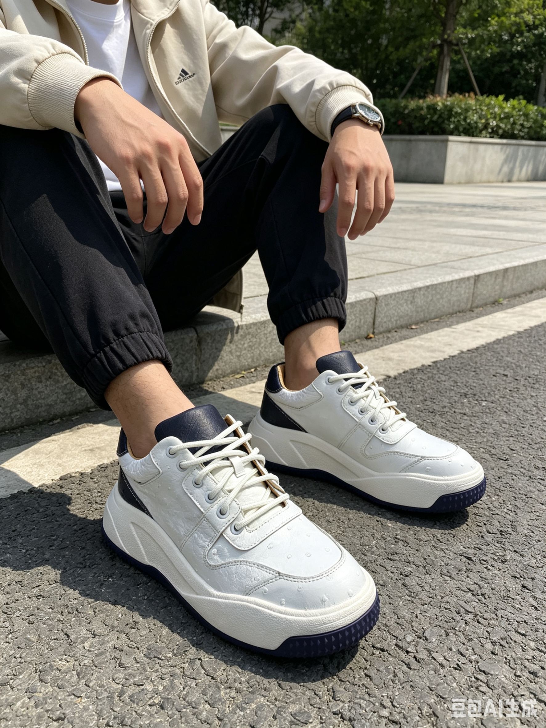 Ostrich Leather White Classic Low-Top Sneakers FOS009