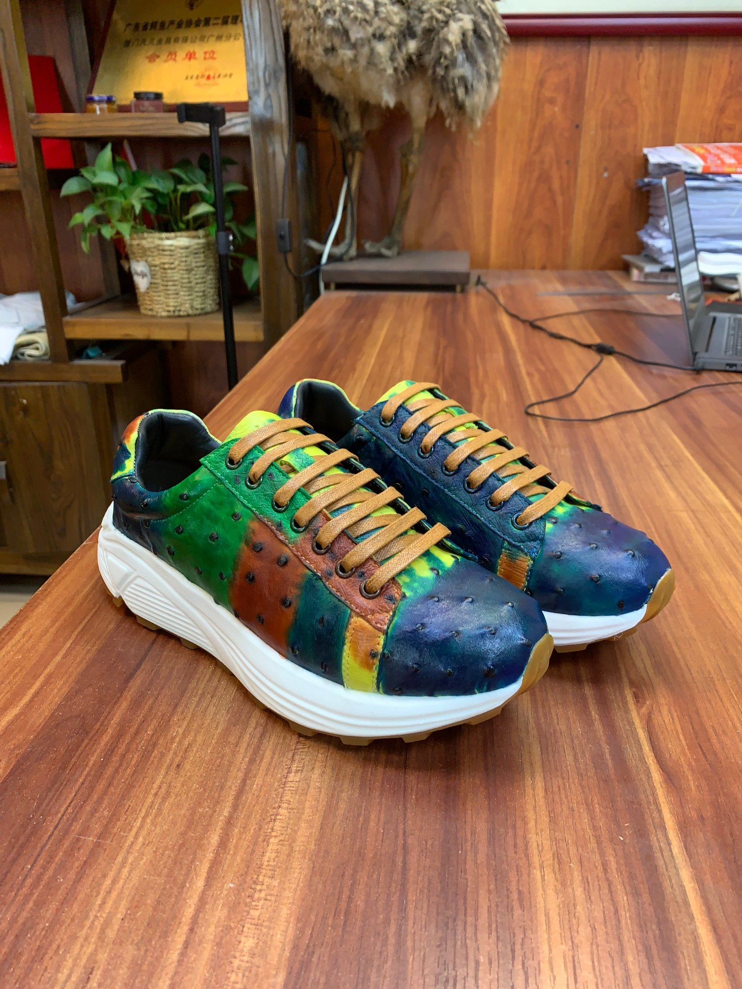 Ostrich Leather Multicolor Graffiti Low-Top Sneakers FOS010