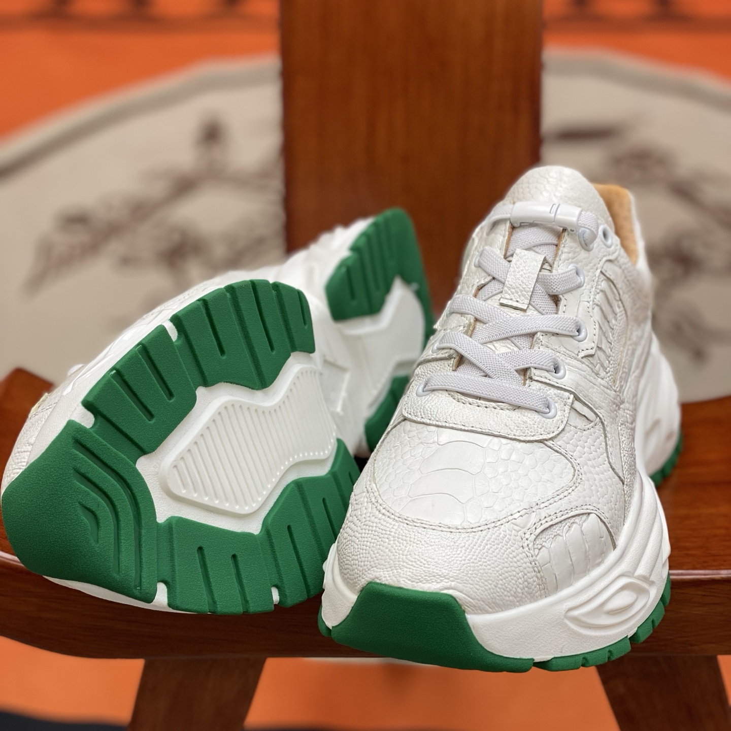 Ostrich Leg Leather White Water-Dyed Lightweight Running Shoes FOS011 photo 2
