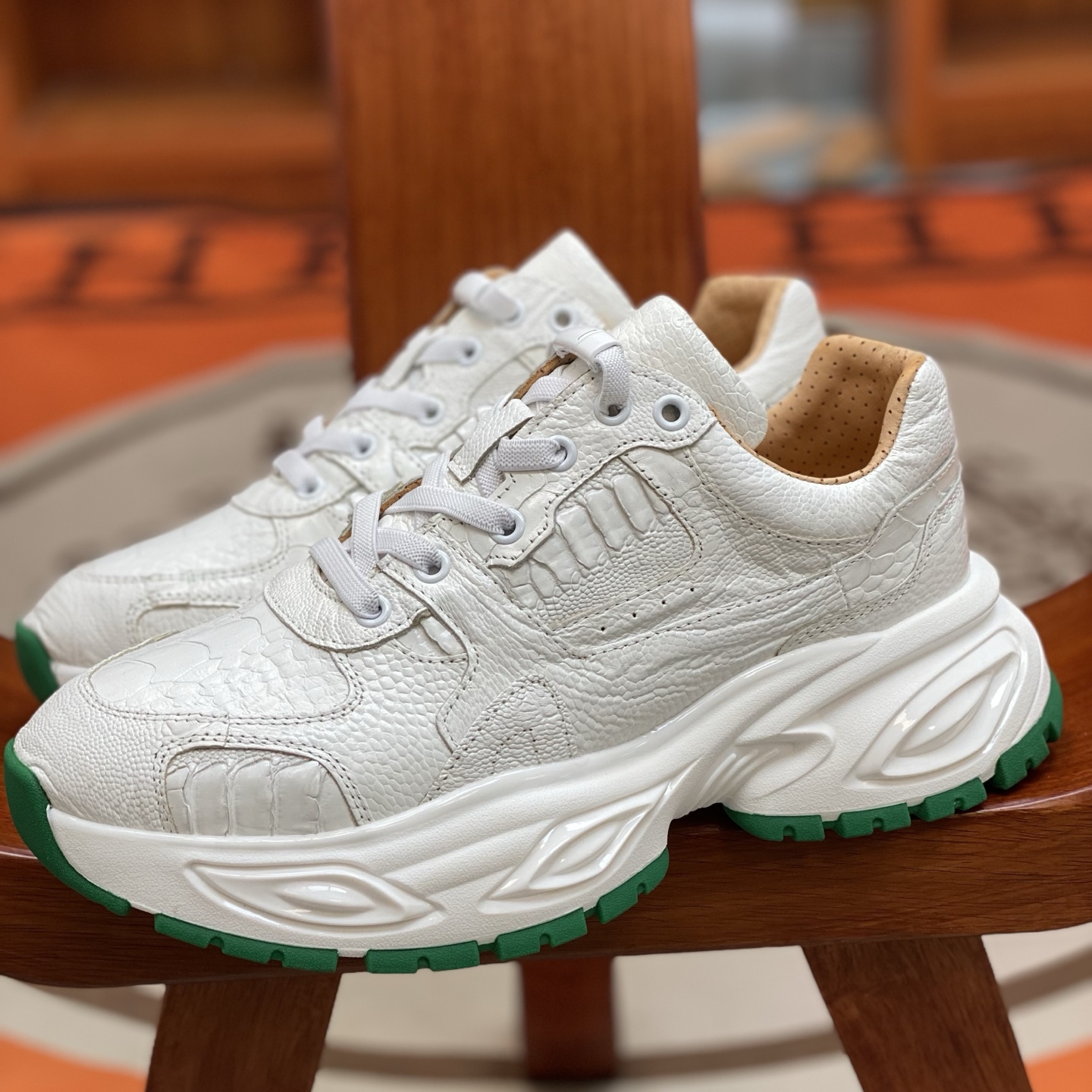 Ostrich Leg Leather White Water-Dyed Lightweight Running Shoes FOS011 photo 3
