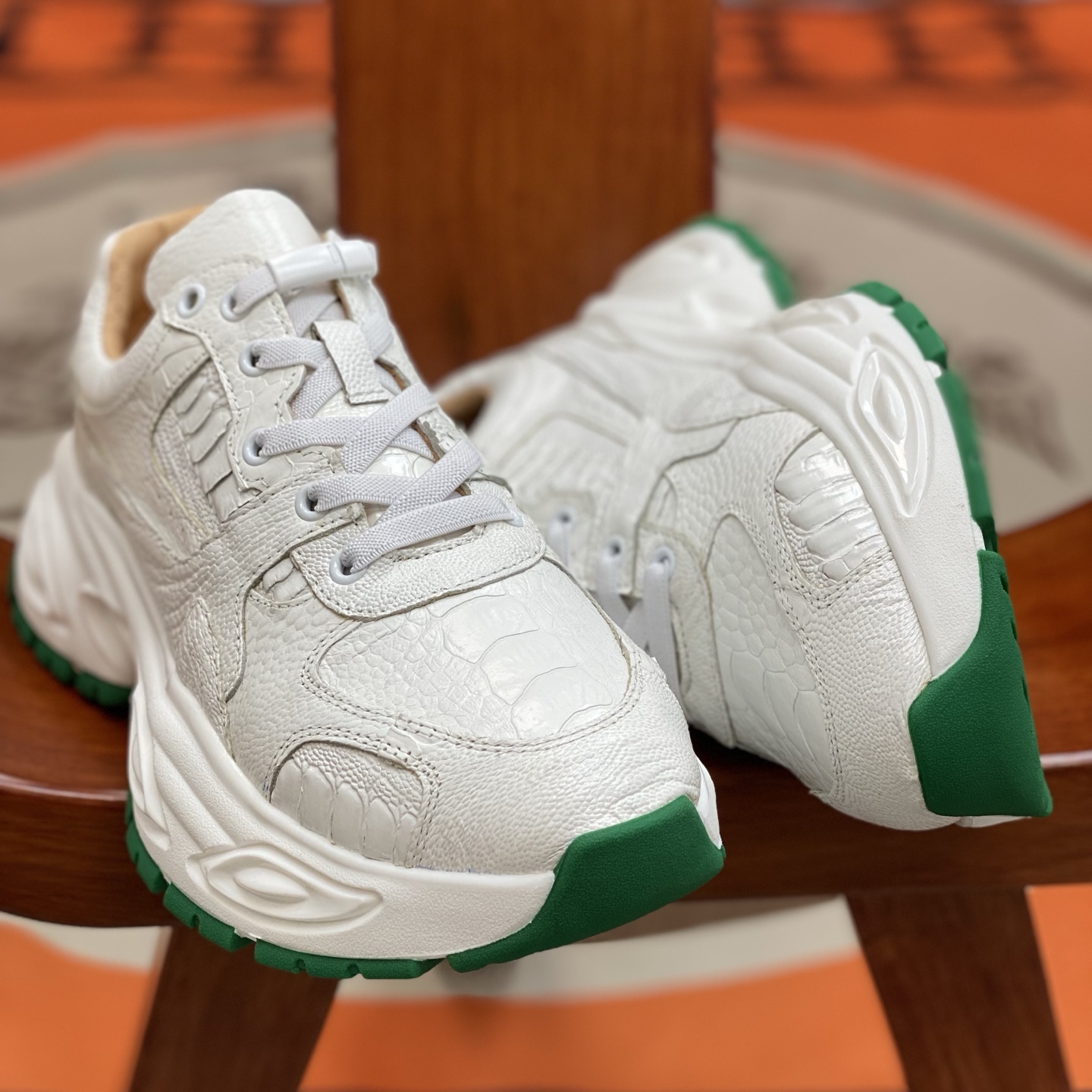Ostrich Leg Leather White Water-Dyed Lightweight Running Shoes FOS011 photo 4