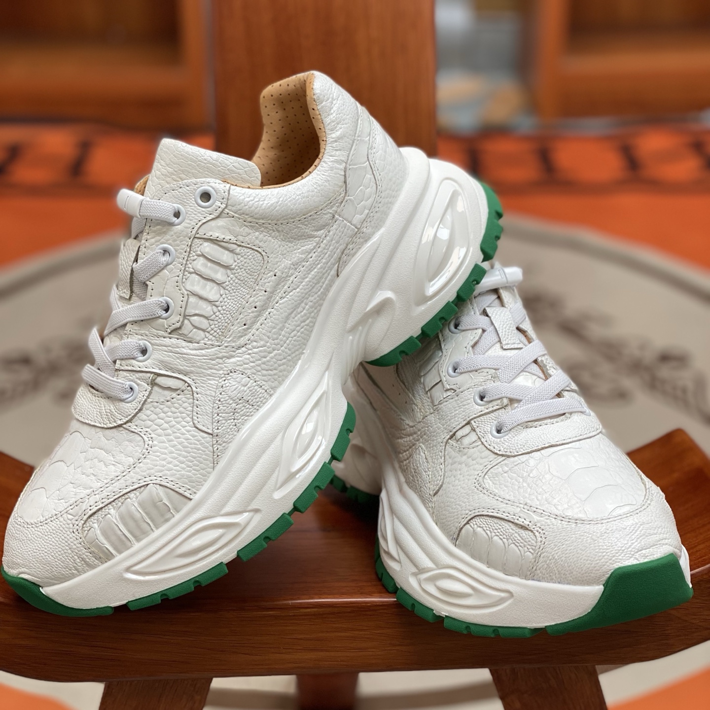 Ostrich Leg Leather White Water-Dyed Lightweight Running Shoes FOS011 photo 5