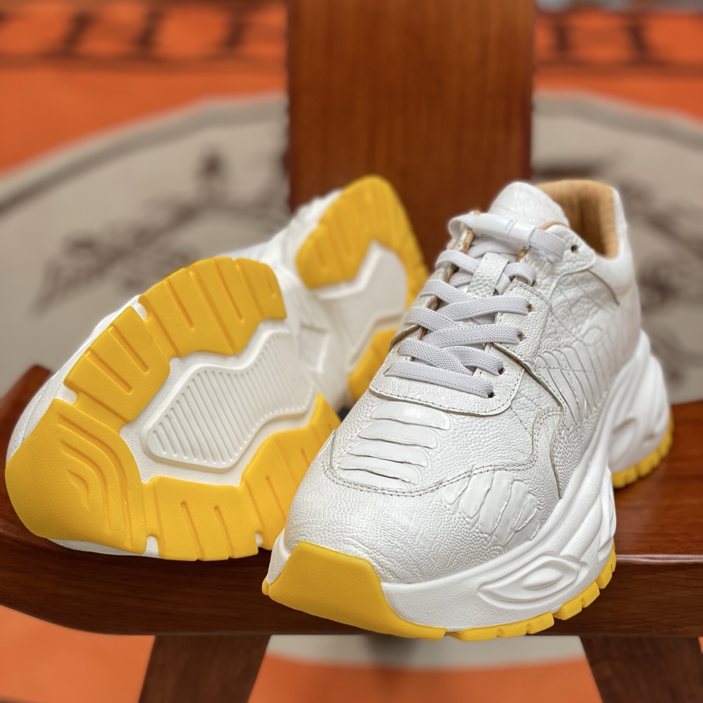 Ostrich Leg Leather White Water-Dyed Lightweight Running Shoes FOS012 photo 2