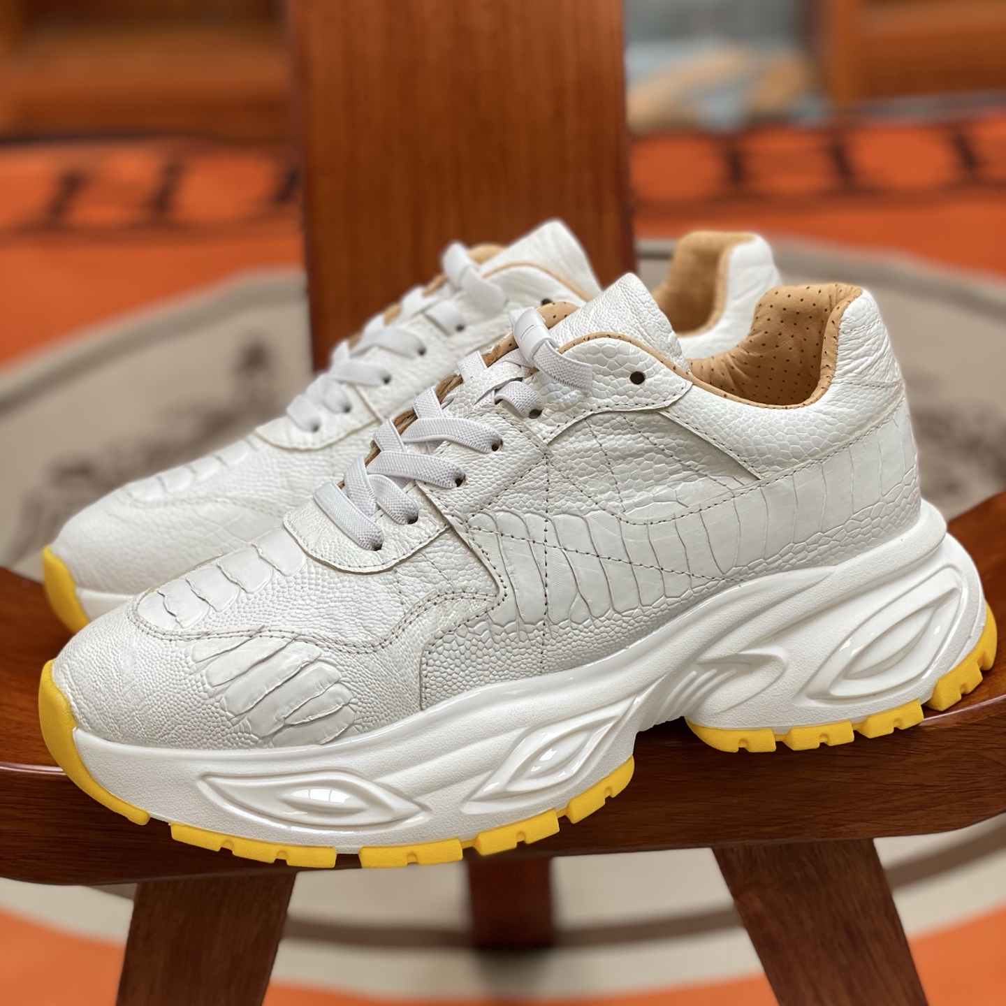 Ostrich Leg Leather White Water-Dyed Lightweight Running Shoes FOS012 photo 3