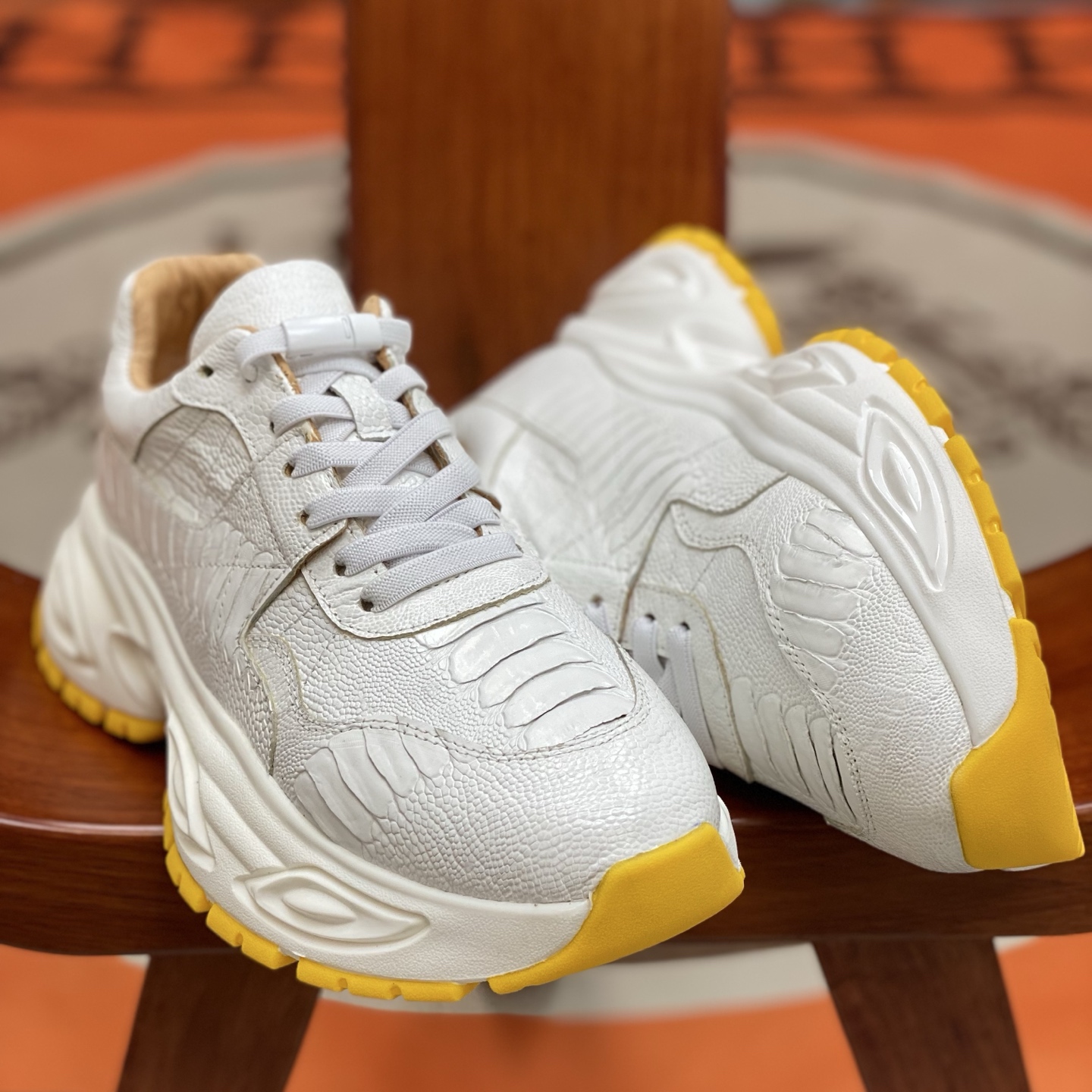 Ostrich Leg Leather White Water-Dyed Lightweight Running Shoes FOS012 photo 4
