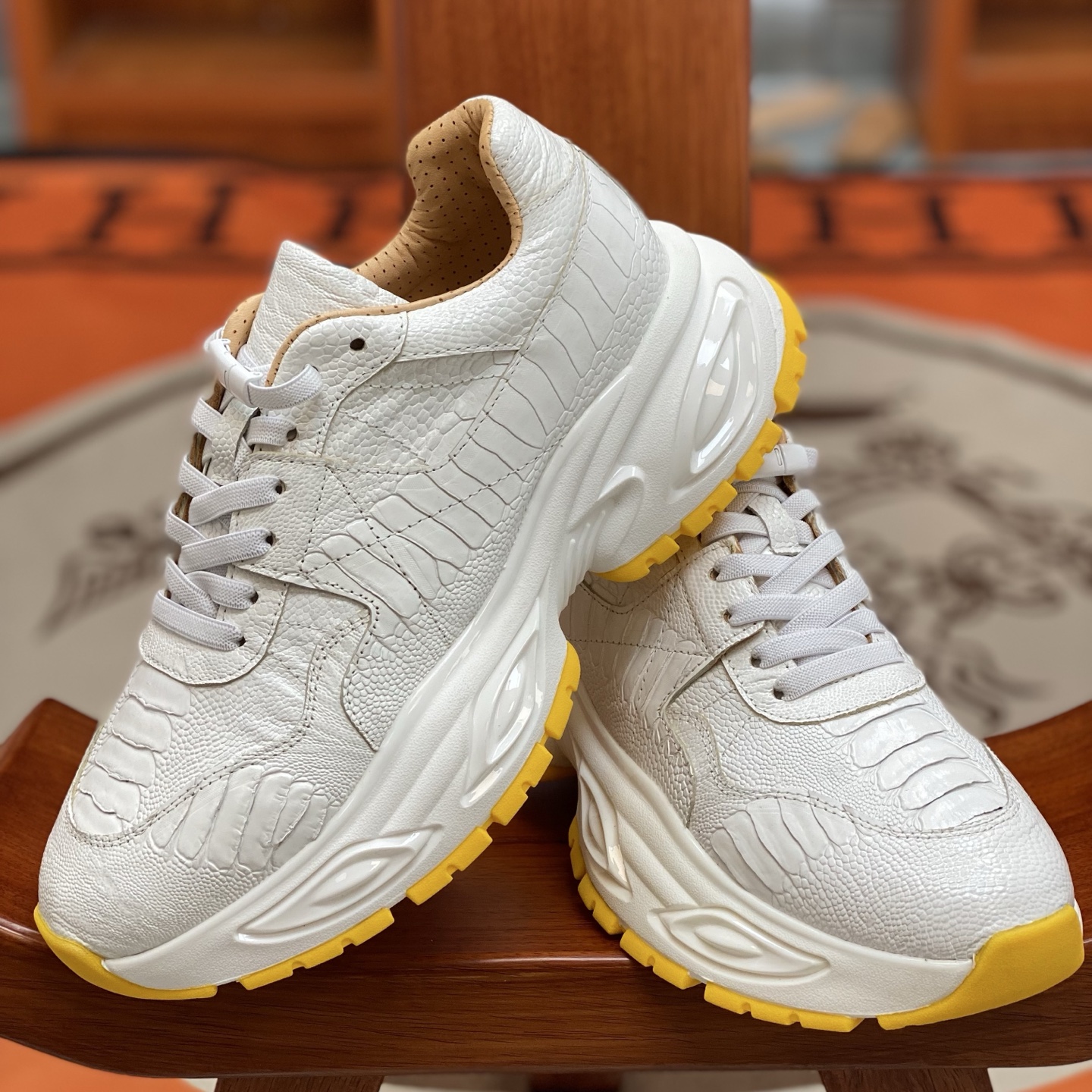Ostrich Leg Leather White Water-Dyed Lightweight Running Shoes FOS012 photo 5
