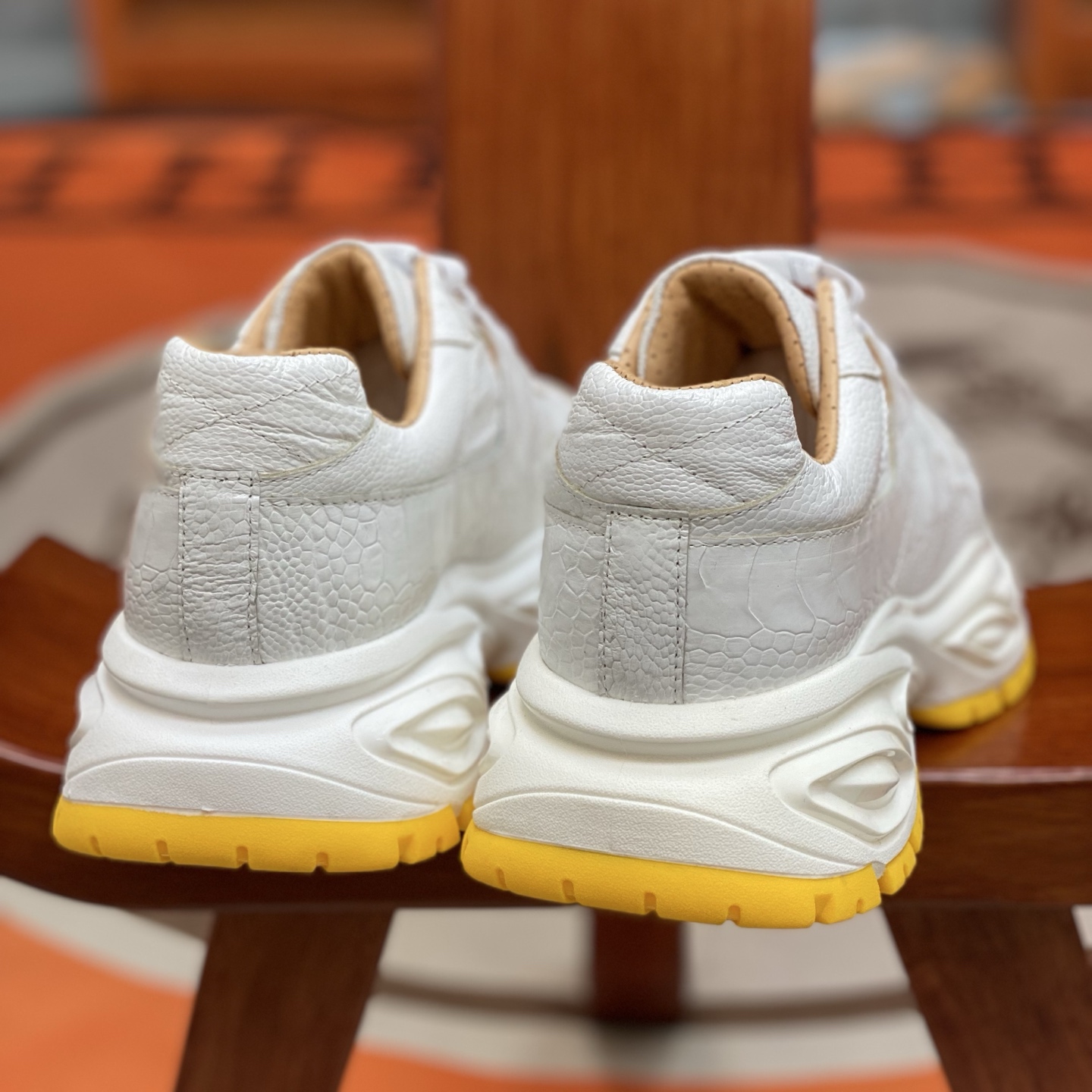 Ostrich Leg Leather White Water-Dyed Lightweight Running Shoes FOS012 photo 6