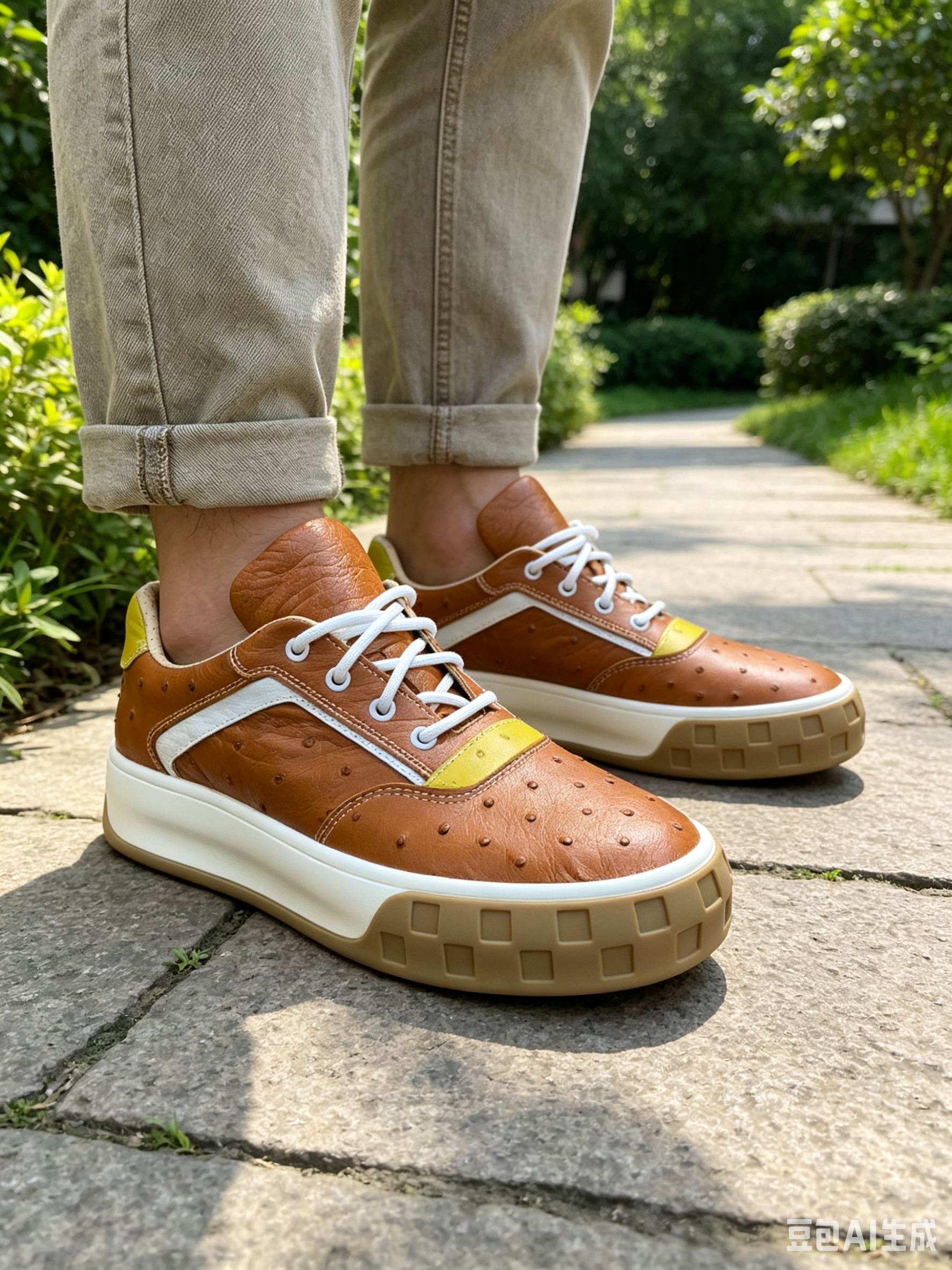 Ostrich Leather Brown Studded Platform Sneakers FOS017