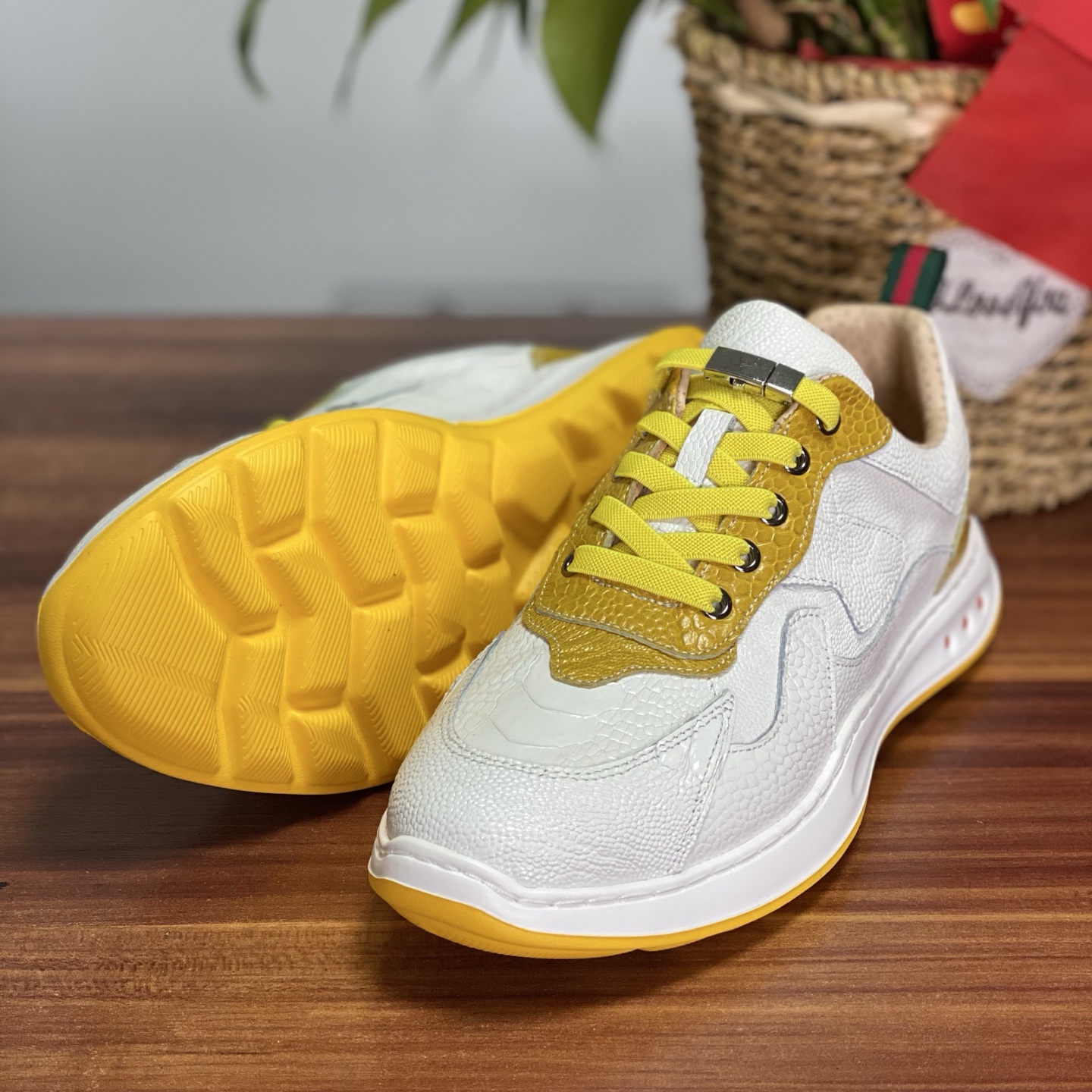 Ostrich Leg Leather Colorblock No-Tie Water-Dyed Slip-On Sneakers FOS030 image 2