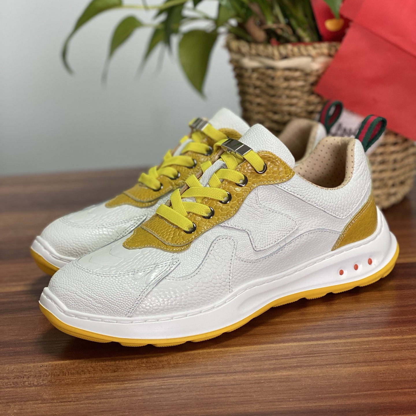 Ostrich Leg Leather Colorblock No-Tie Water-Dyed Slip-On Sneakers FOS030 image 3