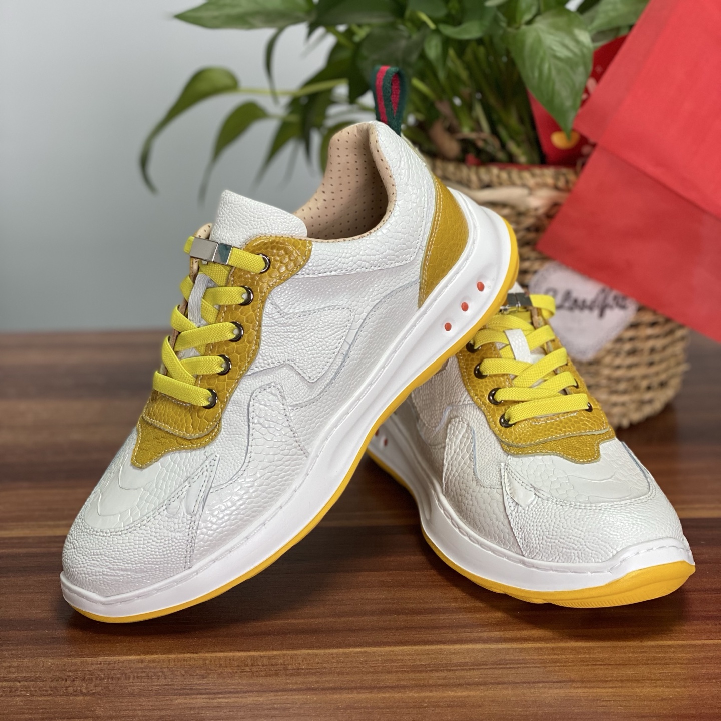 Ostrich Leg Leather Colorblock No-Tie Water-Dyed Slip-On Sneakers FOS030 image 5