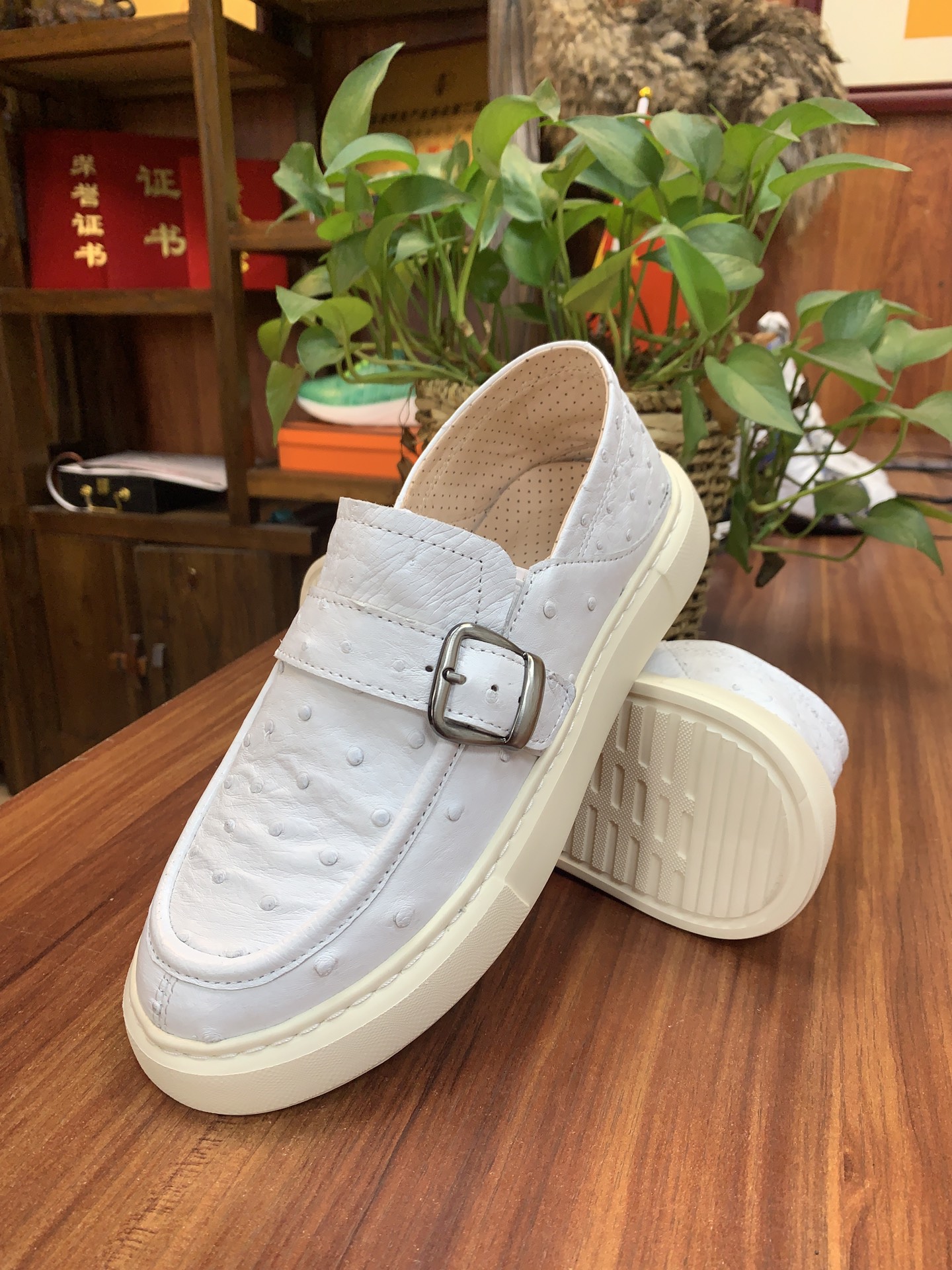 Ostrich Leather Men's White Convertible Heel Slip-On Sneakers FOS035 image 2