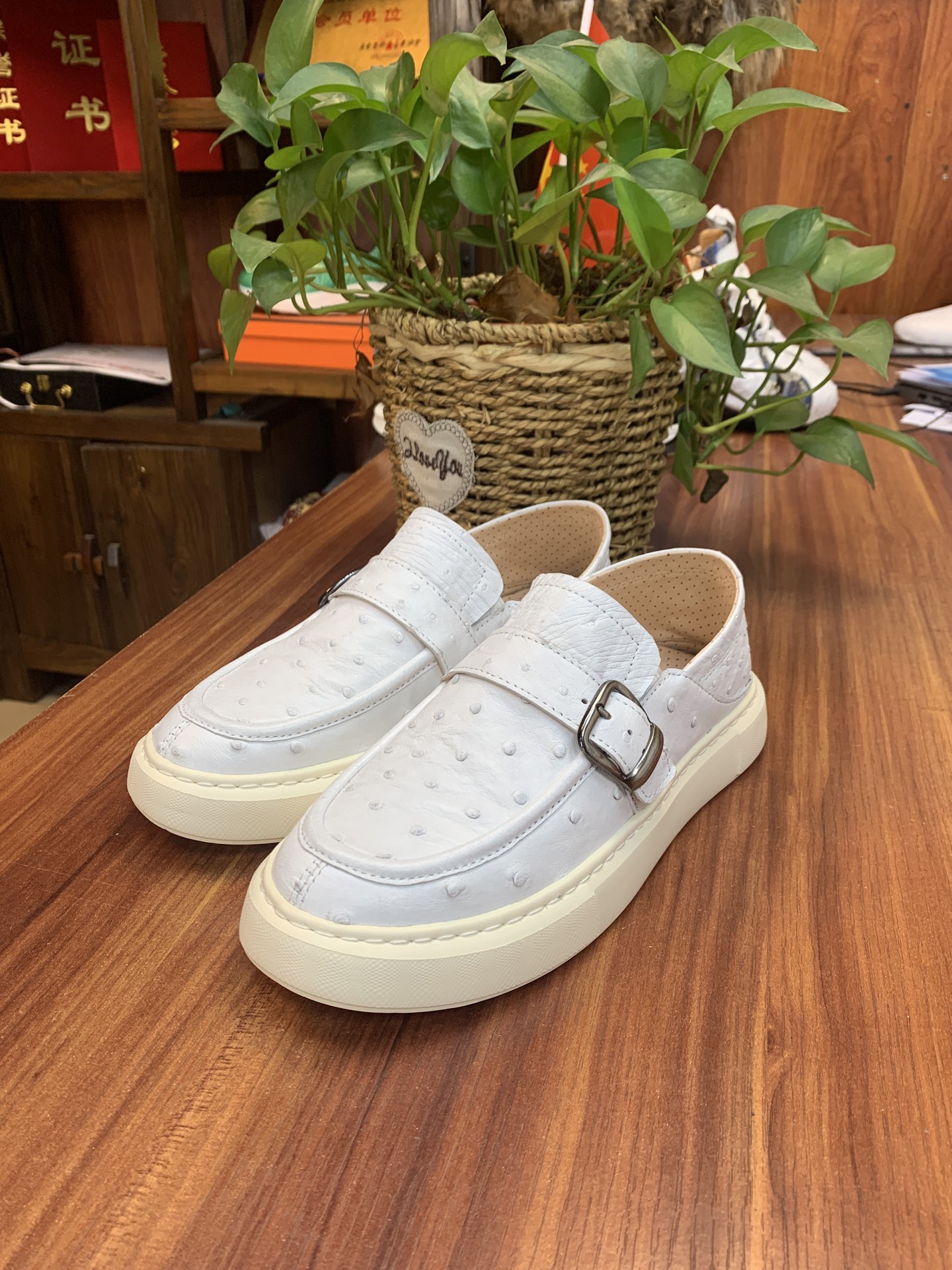 Ostrich Leather Men's White Convertible Heel Slip-On Sneakers FOS035 image 3