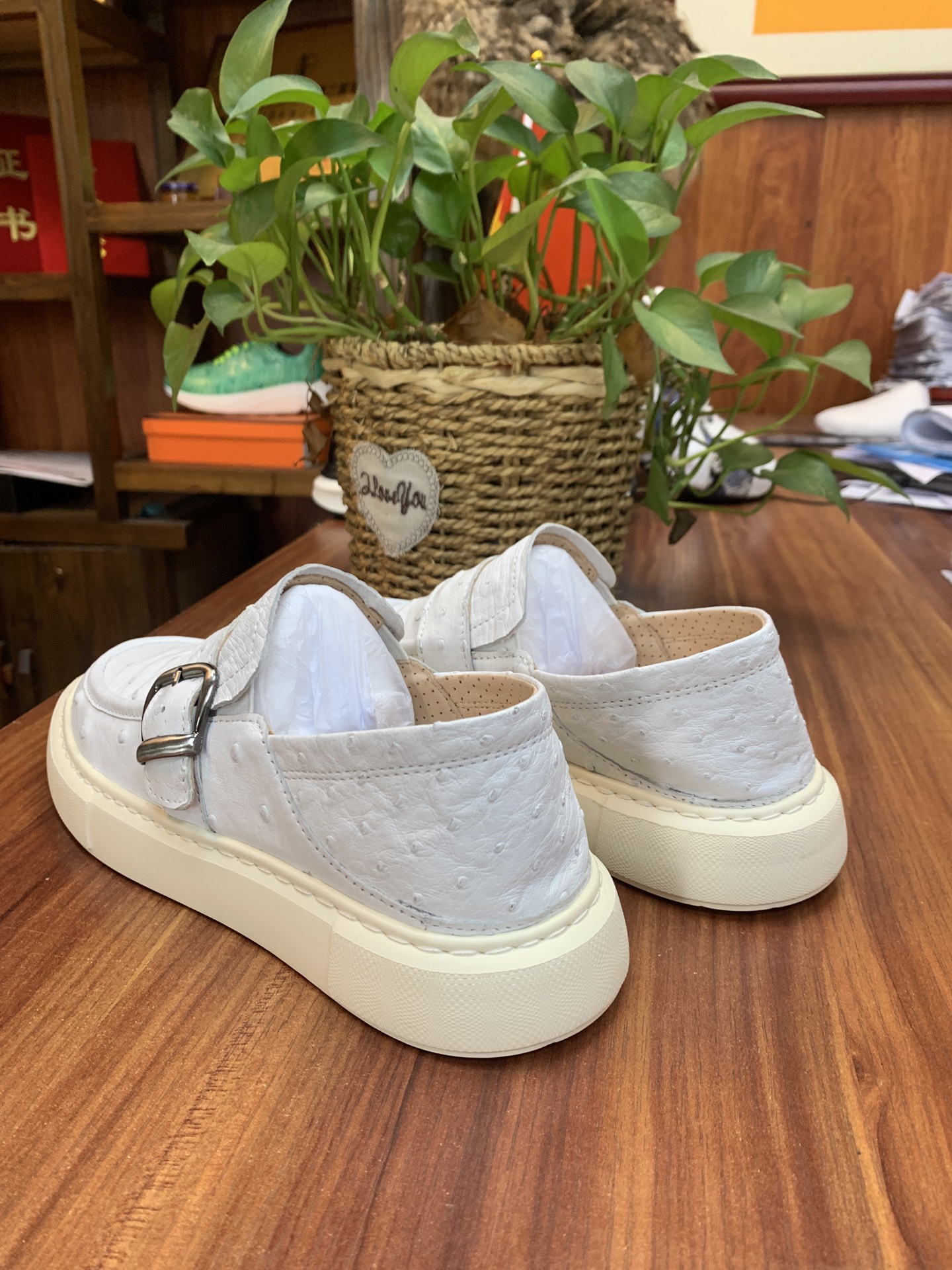 Ostrich Leather Men's White Convertible Heel Slip-On Sneakers FOS035 image 4