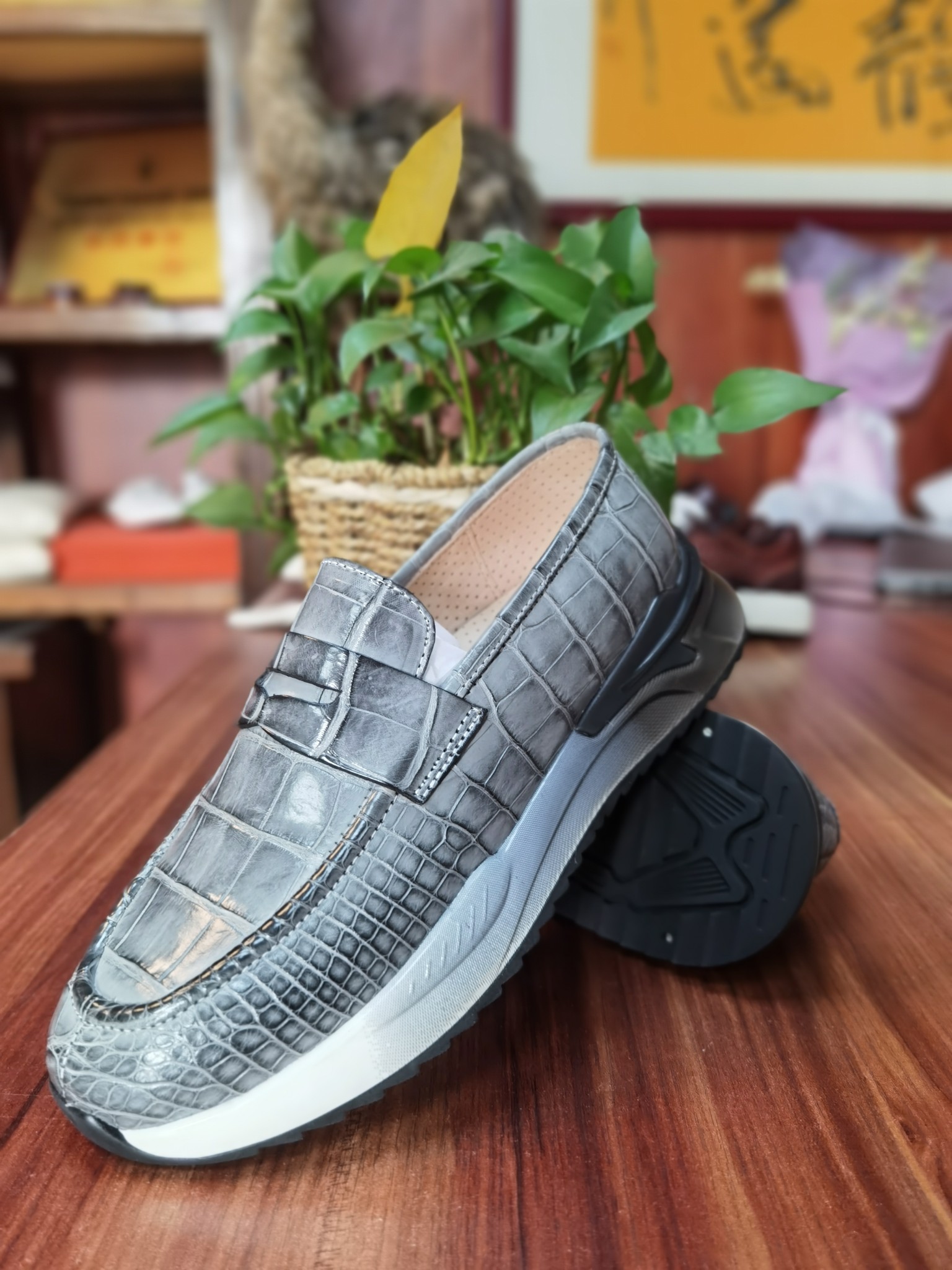 Crocodile Leather Taupe Slip-On Sneakers FXS004 image 2