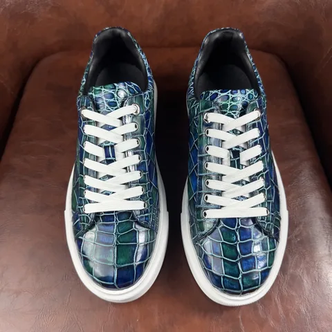Crocodile Leather Iridescent Blue Green Low-Top Sneakers BCS001